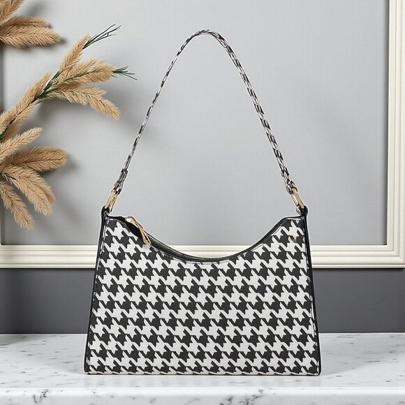 Trendy Houndstooth Shoulder Baguette Bag PU Leather Classic Black White - Picture 5 of 11